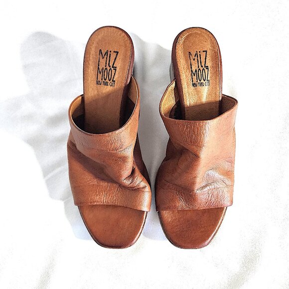 Miz Mooz Silvie caramel leather open toe block heel mules size 38 - Picture 2 of 9